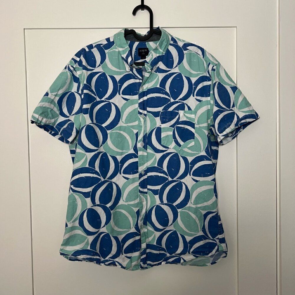 J. Crew Mens Shirt Large Blue Green Beachball Hawaiian Coastal Aloha Casual